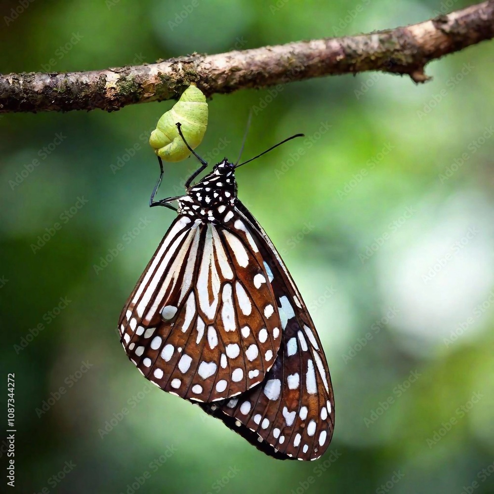 Naklejka premium A close-up photo of a butterfly emerging from its chrysalis, deep focus capturing the transformation details, eye-level shot offering a portrait that symbolizes rebirth and the beauty of metamorphosis