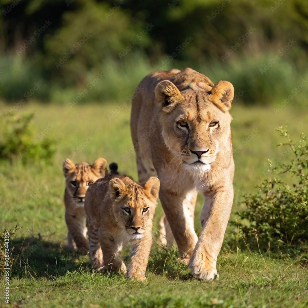 A full shot photo of a lioness leading her cubs across a grassy plain, deep focus capturing the familial bond and protective posture, low-angle shot showing the full body of the lioness in a nurturing A full shot photo of a lioness leading her cubs across a grassy plain, deep focus capturing the familial bond and protective posture, low-angle shot showing the full body of the lioness in a nurturing