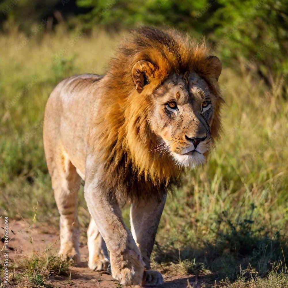 A macro photo of a lion crossing a sunlit savanna, deep focus on its silhouette against the bright background, high-angle shot capturing its full body, emphasizing its majestic stride and commanding p A macro photo of a lion crossing a sunlit savanna, deep focus on its silhouette against the bright background, high-angle shot capturing its full body, emphasizing its majestic stride and commanding p