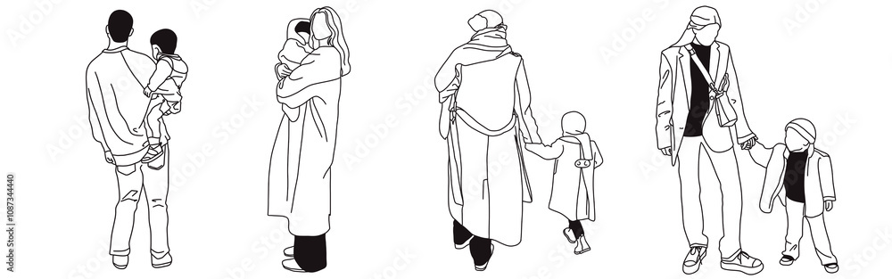 Hand-drawn doodle family border. Outline family clipart. Hand-drawn black art. Hand-drawn doodle family border. Outline family clipart. Hand-drawn black art.