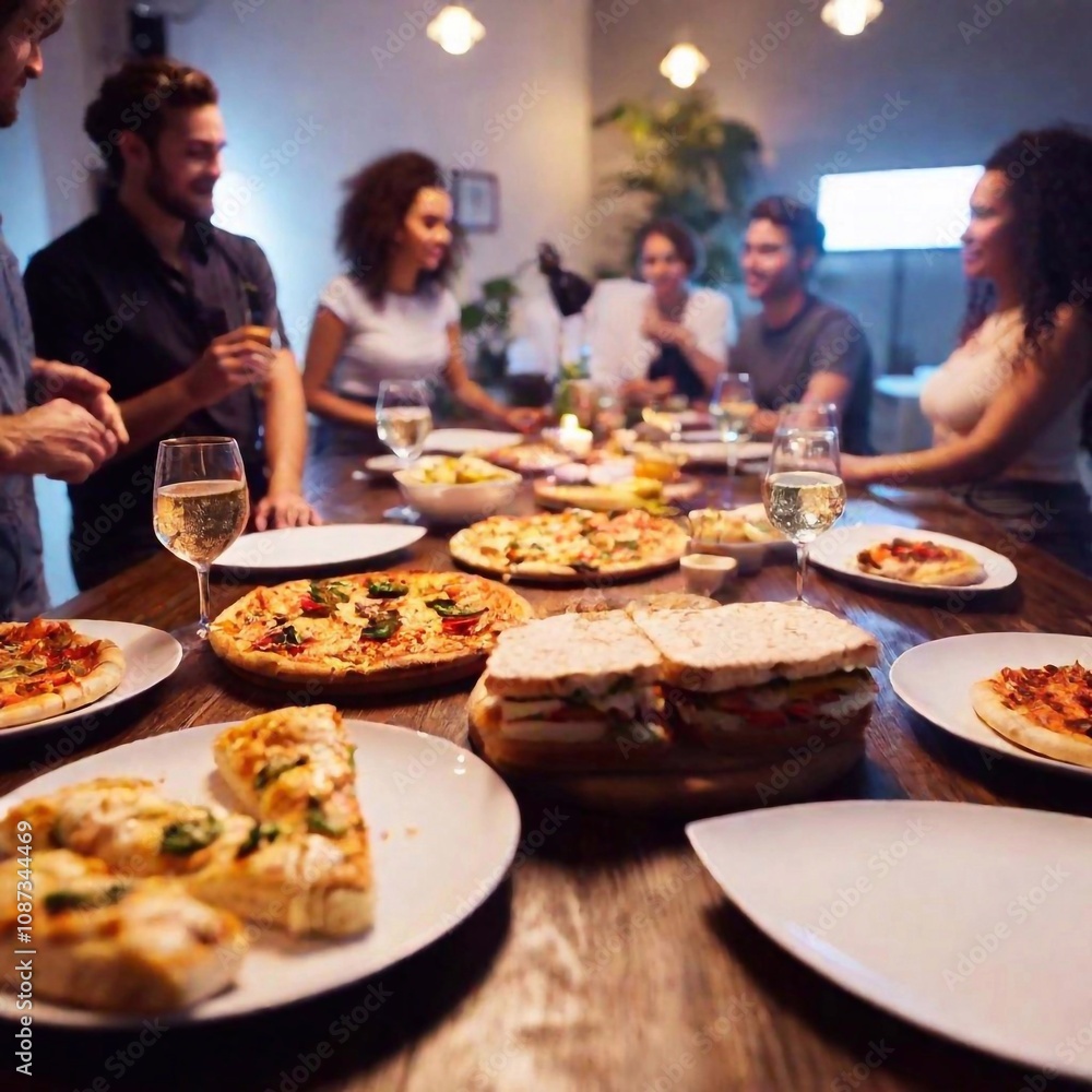 an extreme long shot of a party scene with a large table covered in a spread of junk food like pizza, wings, sliders, and various desserts. Show the full party setup including decorations and guests e an extreme long shot of a party scene with a large table covered in a spread of junk food like pizza, wings, sliders, and various desserts. Show the full party setup including decorations and guests e
