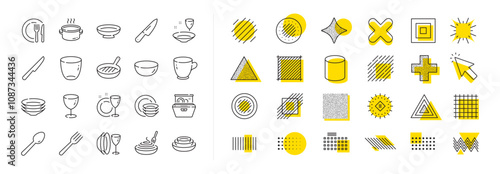 Dish plate, Food bowl and Cooking utensils set. Design shape elements. Tableware line icons. Fork, spoon and knife cutlery line icons. Grill pan, dish washer and dish with pasta. Vector