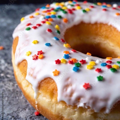 an extreme macro view of a donut with various toppings like sprinkles and icing. Emphasize the fine details of the frosting texture, the colorful sprinkles, and the surface of the donut photo