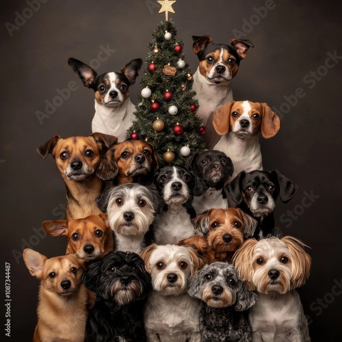 dogs smiling standing on top of each other and making an christmas tree