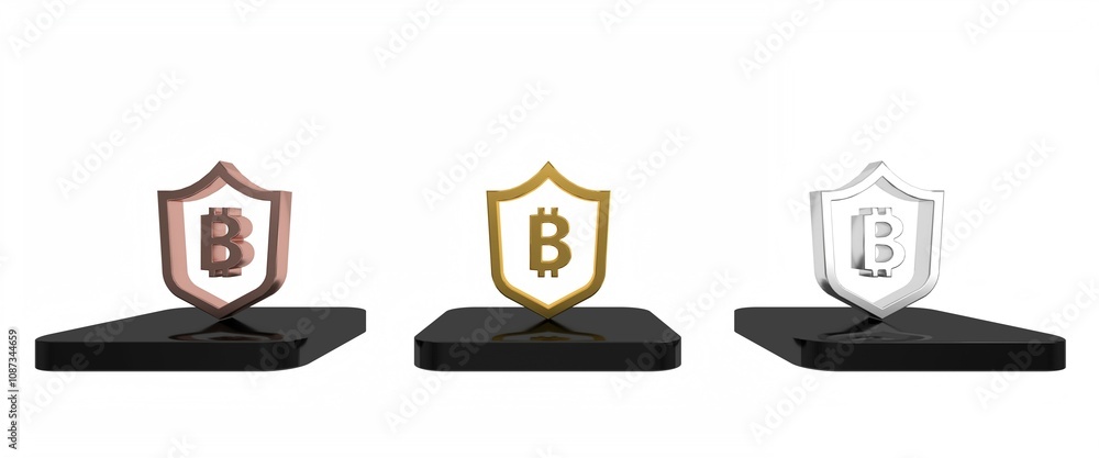 Colorful Shield with bitcoin icon isolated on white background. Cryptocurrency mining, blockchain technology, security, protect, digital money. Minimalism concept. 3D render illustration Colorful Shield with bitcoin icon isolated on white background. Cryptocurrency mining, blockchain technology, security, protect, digital money. Minimalism concept. 3D render illustration