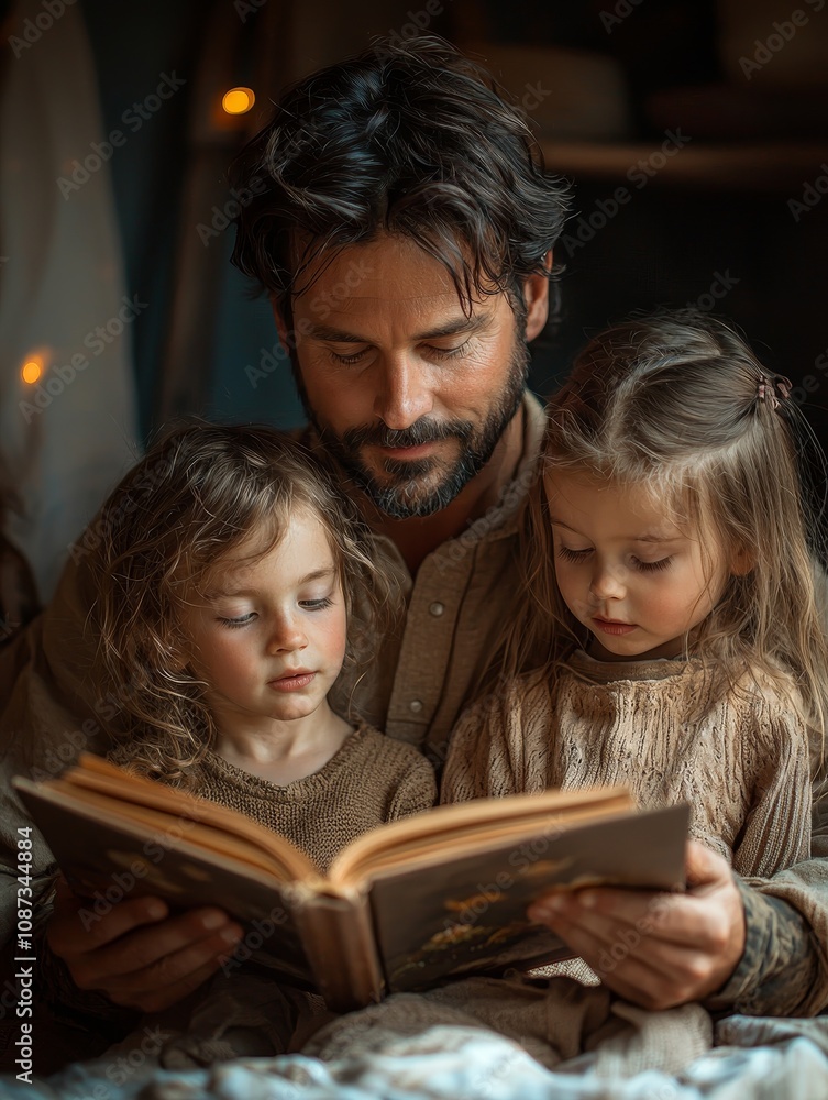 A Loving Father Reading a Bedtime Story to His Two Children in a Cozy, Warm Atmosphere A Loving Father Reading a Bedtime Story to His Two Children in a Cozy, Warm Atmosphere