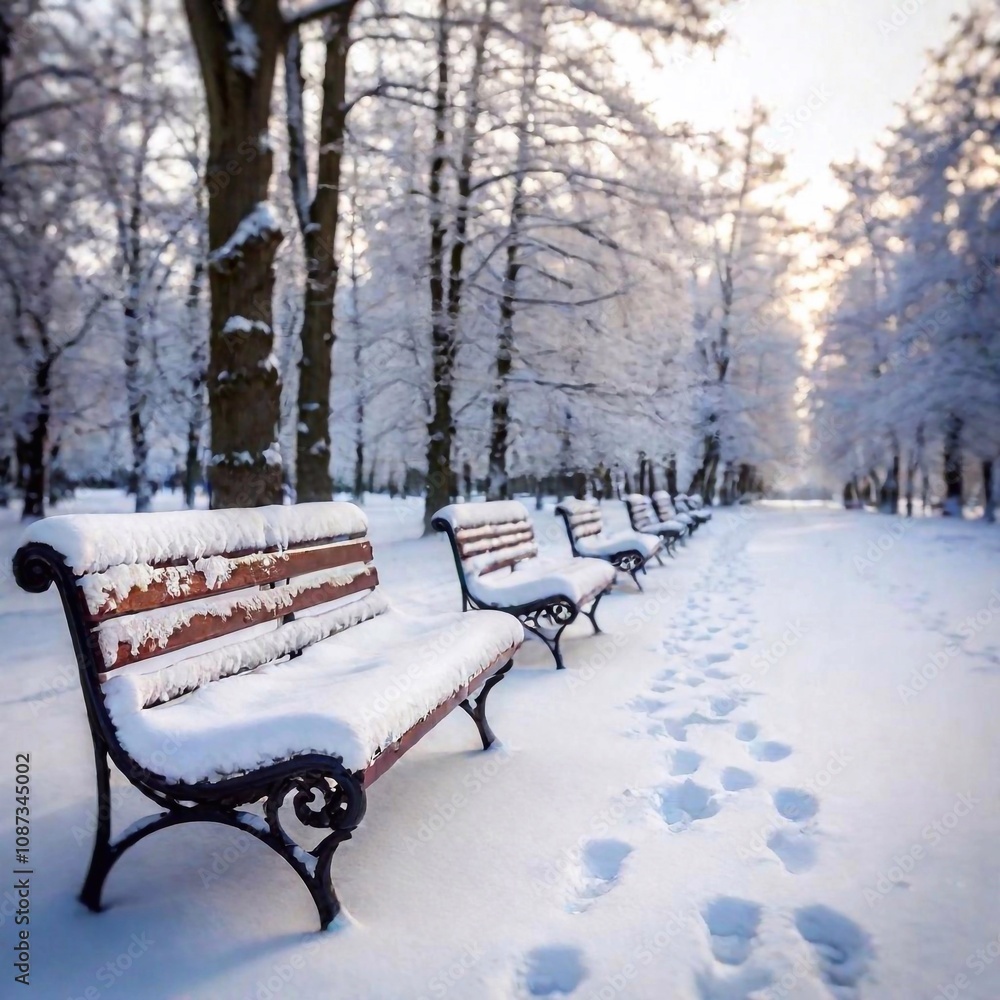 Naklejka premium A full shot eye-level photo of winter scenery, showing a snowy park with frosted benches and trees, with tilt-shift effect enhancing the peaceful, miniature feel of the winter setting.