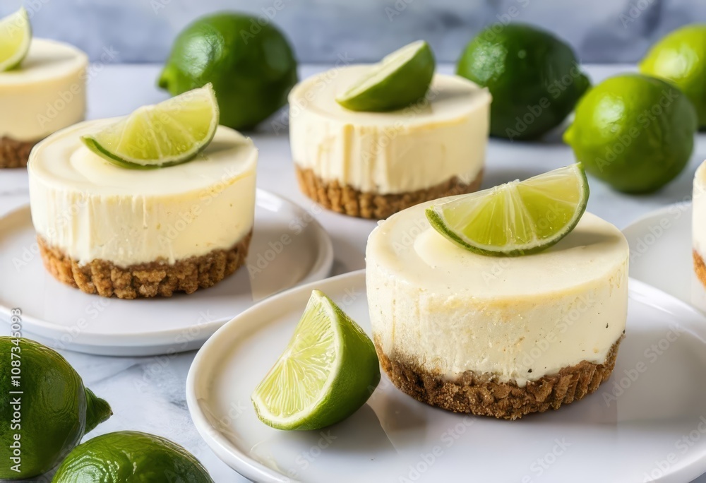 A close-up of mini key lime cheesecakes with whipped cream and lime slices on top A close-up of mini key lime cheesecakes with whipped cream and lime slices on top