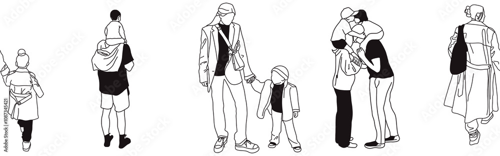 Hand-drawn doodle family border. Outline family clipart. Hand-drawn black art. Hand-drawn doodle family border. Outline family clipart. Hand-drawn black art.