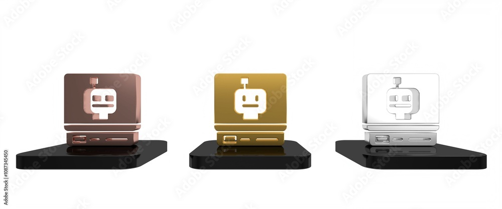 Colorful Robot icon isolated on white background. Artificial intelligence, machine learning, cloud computing. Minimalism concept. 3D render illustration Colorful Robot icon isolated on white background. Artificial intelligence, machine learning, cloud computing. Minimalism concept. 3D render illustration