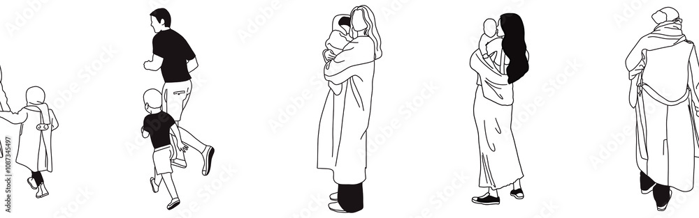 Fototapeta premium Hand-drawn doodle family border. Outline family clipart. Hand-drawn black art.