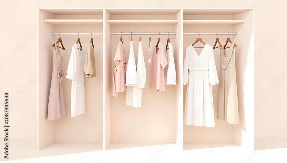 An open closet with neatly laid out clothes on hangers and shelves, Wardrobe organization An open closet with neatly laid out clothes on hangers and shelves, Wardrobe organization