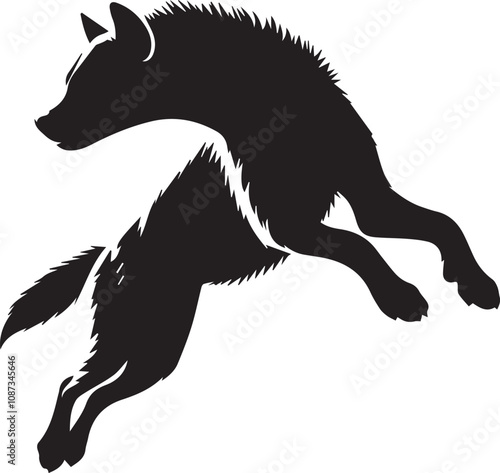 A silhouette of a hyena jumping with its body curved in the air