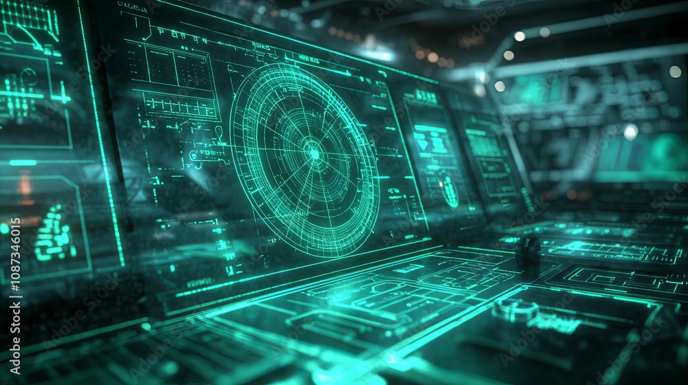 Futuristic Control Panel Displays Green Data Interface Futuristic Control Panel Displays Green Data Interface
