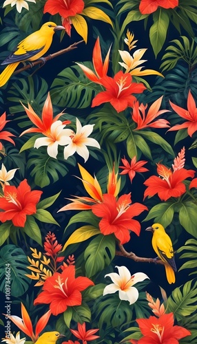 Tropical exotic pattern with animal and flowers in bright colors and lush vegetation