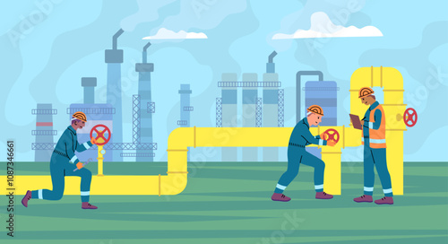 Cartoon Color Characters People Gas Workers Petroleum Pipeline Engineers Concept Flat Design Style. Vector illustration of Regulate Valves