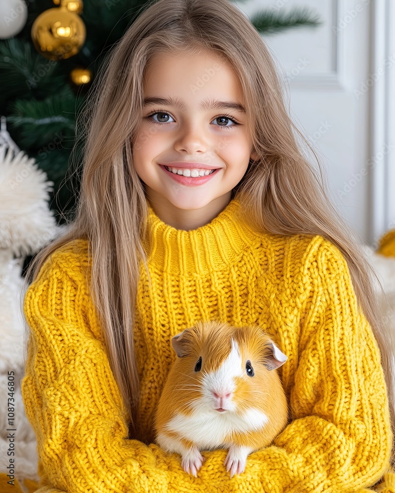 Girl in Yellow Sweater with Guinea Pig in Her Arms