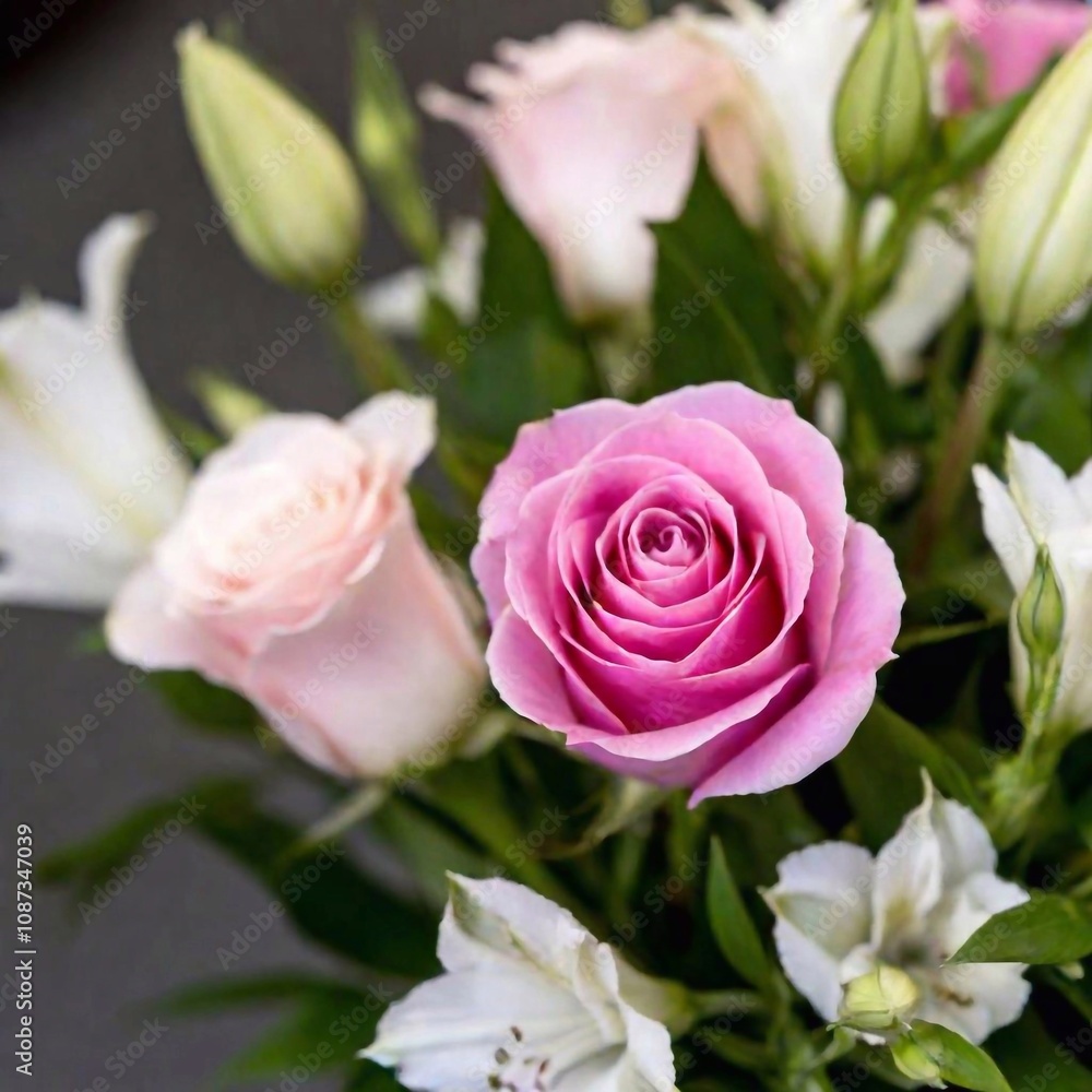 Close-up shot of a bouquet of roses and lilies, with a single rose in sharp focus and the surrounding flowers softly fading, emphasizing the elegance and richness of the bouquet. Close-up shot of a bouquet of roses and lilies, with a single rose in sharp focus and the surrounding flowers softly fading, emphasizing the elegance and richness of the bouquet.