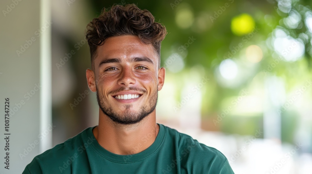 A young man with a joyful expression wearing a green shirt, set against a blurred outdoor background, embodying youthful energy and optimism in a natural setting. A young man with a joyful expression wearing a green shirt, set against a blurred outdoor background, embodying youthful energy and optimism in a natural setting.