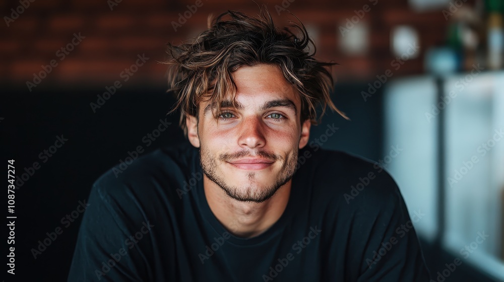 A young man casually relaxed indoors wearing a black shirt, with a laid-back demeanor captured in a softly blurred background, radiating calm and modern fashion. A young man casually relaxed indoors wearing a black shirt, with a laid-back demeanor captured in a softly blurred background, radiating calm and modern fashion.