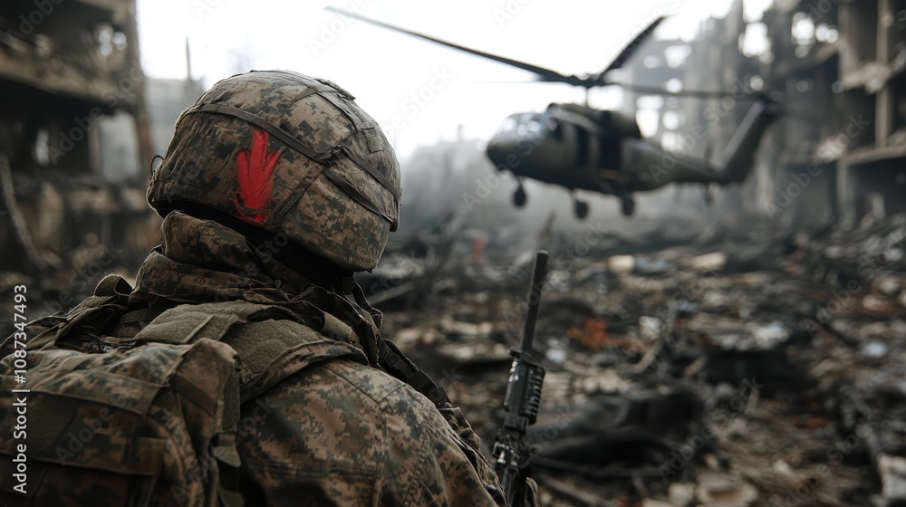 A soldier in tactical gear observes a helicopter hovering above a devastated urban landscape, conveying themes of warfare and resilience in modern conflict scenarios.