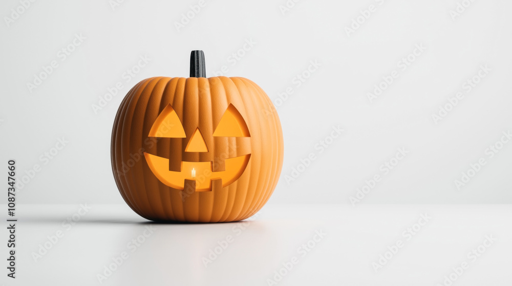 Carved Halloween pumpkin with jack-o'-lantern face illuminated from inside, placed on a plain light background. Carved Halloween pumpkin with jack-o'-lantern face illuminated from inside, placed on a plain light background.
