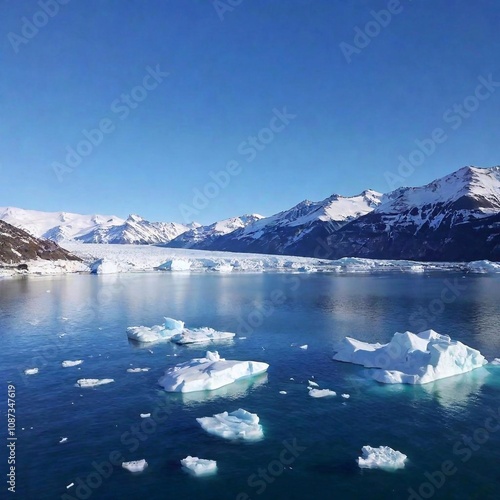 an icy ocean scene with massive glaciers and floating icebergs. Use cool blues and whites to highlight the frozen landscape, with a clear, crisp sky and a hint of wildlife like seals or polar bears. photo