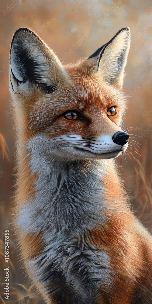 Obraz premium Vibrant close-up of a fox, captured in soft golden light, exhibiting playful curiosity, highlights gleaming eyes and rich fur textures, photorealistic detail, artistic finesse