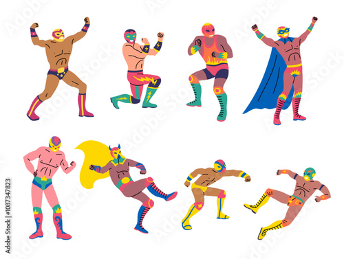 Cartoon Color Characters People Mexican Wrestlers Martial Art Concept Flat Design Style. Vector illustration of Fighter Lucha Libre