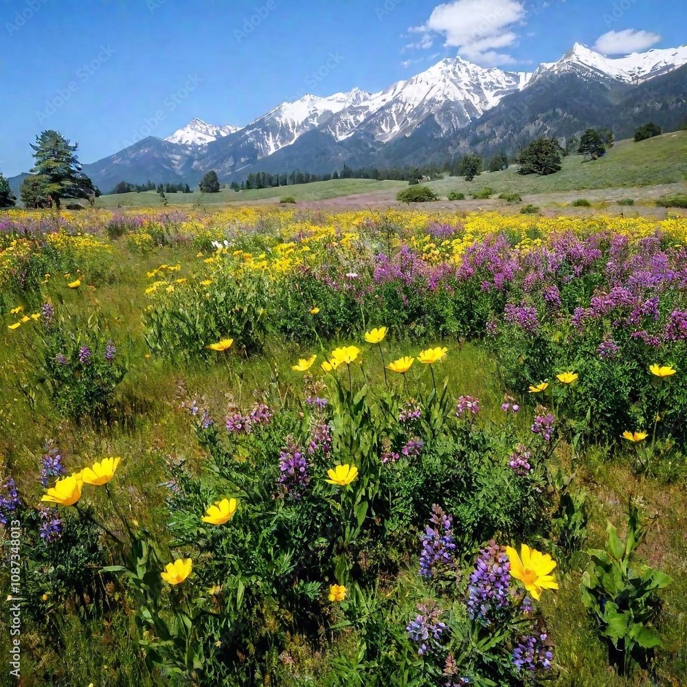 Naklejka premium A hip-level, full shot of a wide-open meadow blanketed with colorful wildflowers, stretching toward a distant mountain range. The shot captures the flowers up close, with the mountains providing a stu