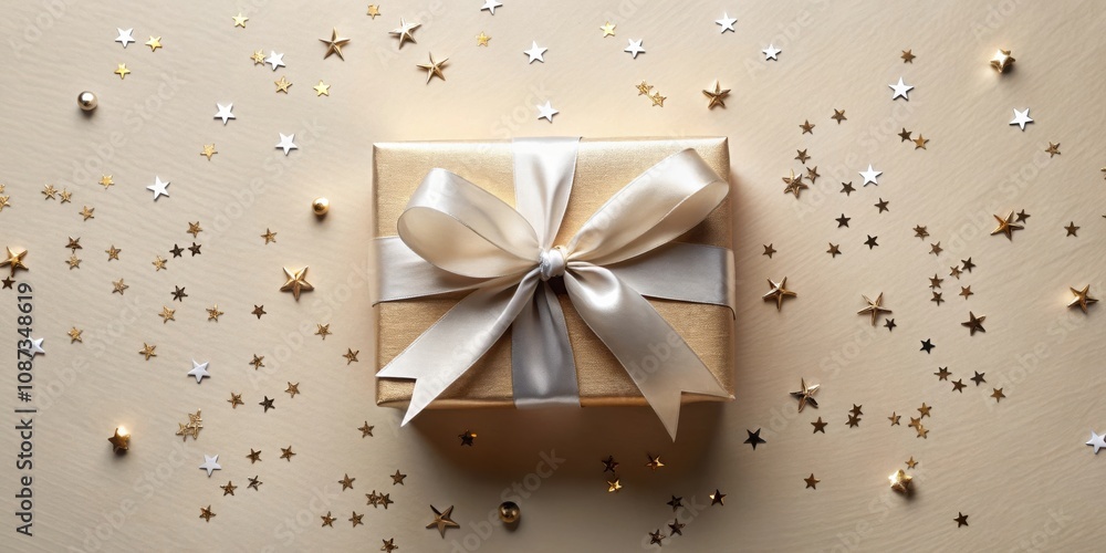 A gold gift box with a white satin bow surrounded by shimmering gold and white stars on a beige background. A gold gift box with a white satin bow surrounded by shimmering gold and white stars on a beige background.