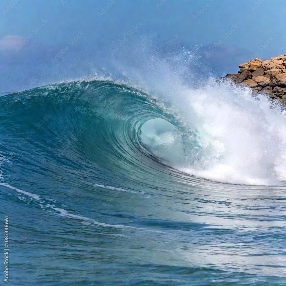 Fototapeta premium Close-Up Photo of a Wave Curling Before Breaking: A close-up shot capturing the precise moment a wave curls before it crashes down. Deep focus reveals the intricate patterns of the water as it moves, 