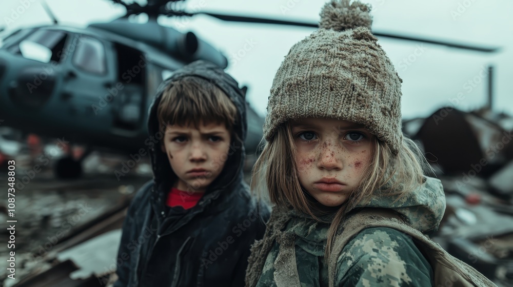 Two children stare at the camera with serious faces, dressed in rugged clothing, surrounded by remnants of destruction with a helicopter in the background. Two children stare at the camera with serious faces, dressed in rugged clothing, surrounded by remnants of destruction with a helicopter in the background.