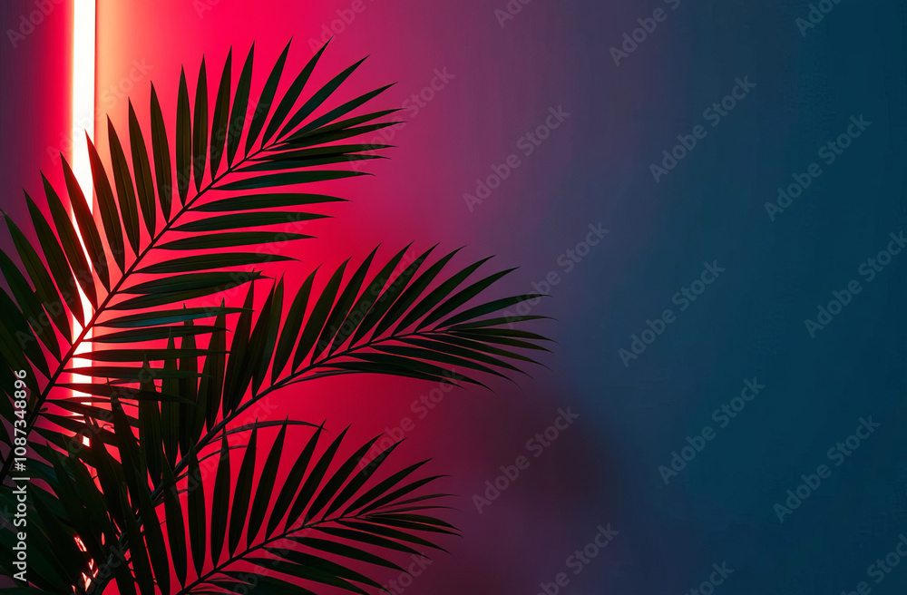 Palm leaves on neon background Palm leaves on neon background