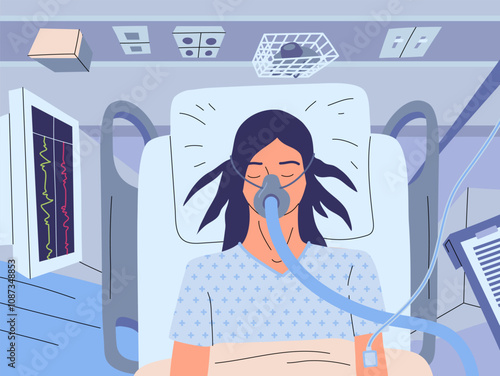 Cartoon Color Character Woman Patient with Oxygen Ventilator Mask on Hospital Bed Concept Flat Design Style. Vector illustration