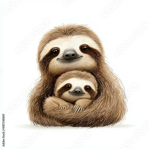 A cute illustration of a mother sloth hugging her baby sloth, showcasing their bond and gentle nature in a whimsical style.