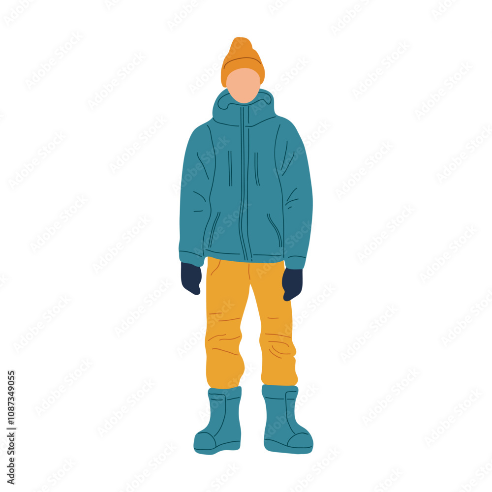 Winter outdoor clothing illustration featuring a person in warm attire for cold weather activities Winter outdoor clothing illustration featuring a person in warm attire for cold weather activities