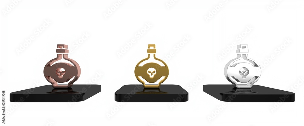 Colorful Poison in bottle icon isolated on white background. Bottle of poison or poisonous chemical toxin. Minimalism concept. 3D render illustration Colorful Poison in bottle icon isolated on white background. Bottle of poison or poisonous chemical toxin. Minimalism concept. 3D render illustration