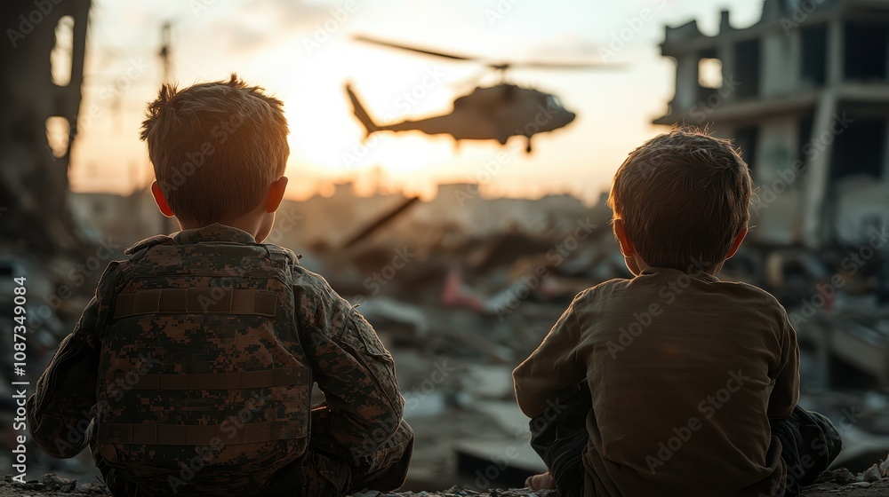 Two children in military attire sit among ruined buildings, watching a helicopter flying in the evening sky, symbolizing resilience amidst destruction and chaos. Two children in military attire sit among ruined buildings, watching a helicopter flying in the evening sky, symbolizing resilience amidst destruction and chaos.