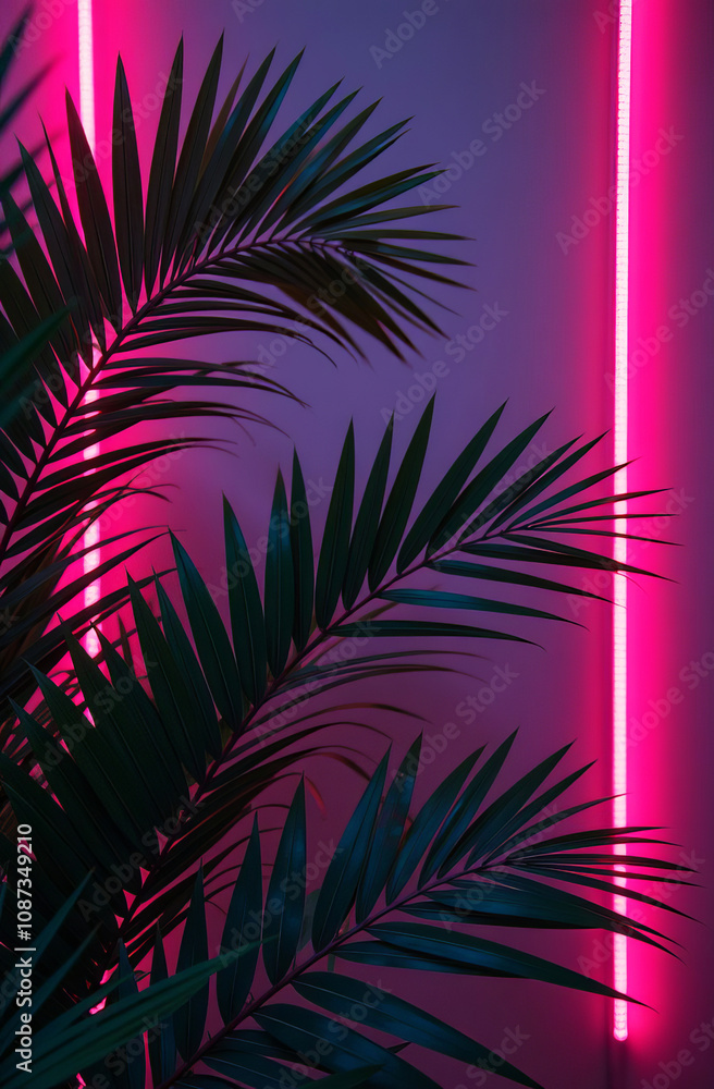 Palm leaves on neon background Palm leaves on neon background