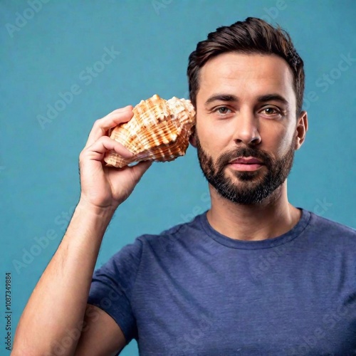 A close-up photo of a Caucasian male adult with a seashell held to his ear, deep focus on his curious expression and the details of the shell, eye-level shot capturing the sense of wonder and enjoymen photo