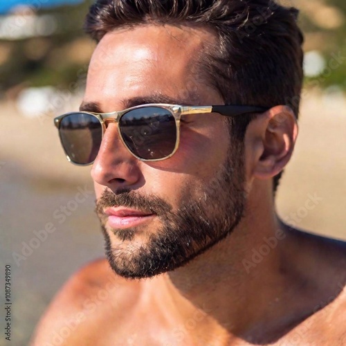 A close-up photo of a Caucasian male adult with sunglasses reflecting the ocean view, deep focus on his face and the texture of the sand grains on his skin, eye-level shot highlighting his relaxed smi