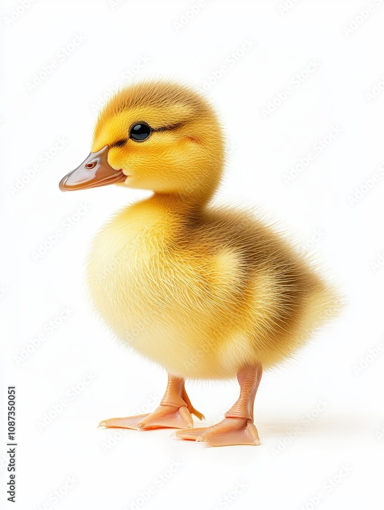 A cute, fluffy yellow duckling standing upright, showcasing its charming features and soft feathers against a white background. A cute, fluffy yellow duckling standing upright, showcasing its charming features and soft feathers against a white background.