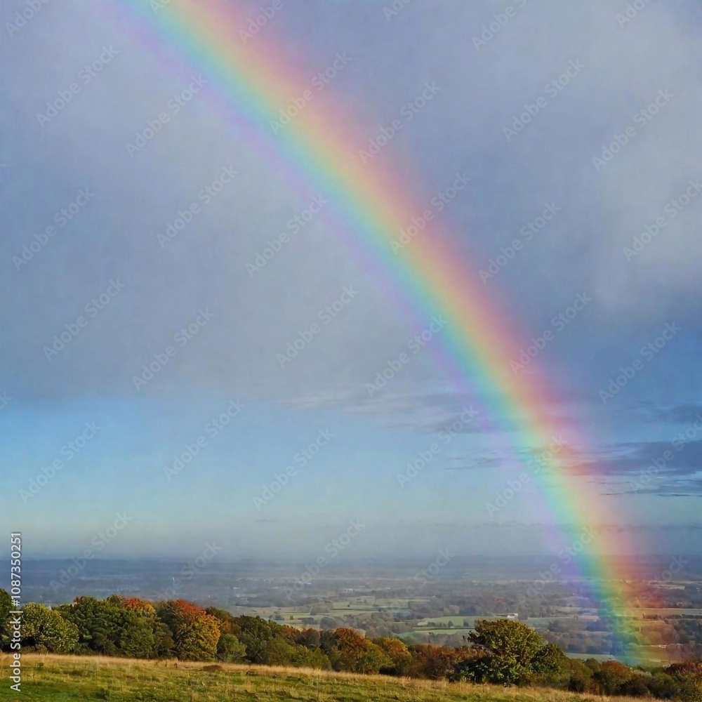 Obraz premium A rainbow fading into a misty horizon, with subtle clouds in the background