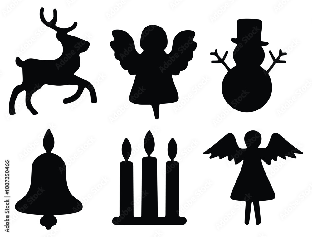 Set of Christmas silhouettes, Christmas icons, isolated vector on white background. Set of Christmas silhouettes, Christmas icons, isolated vector on white background.