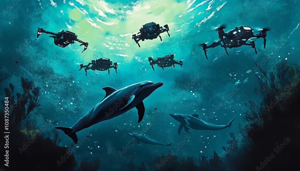 Underwater scene featuring a pod of dolphins and a swarm of advanced underwater drones exploring vibrant coral reefs. Futuristic technology meets marine wildlife. Underwater scene featuring a pod of dolphins and a swarm of advanced underwater drones exploring vibrant coral reefs. Futuristic technology meets marine wildlife.