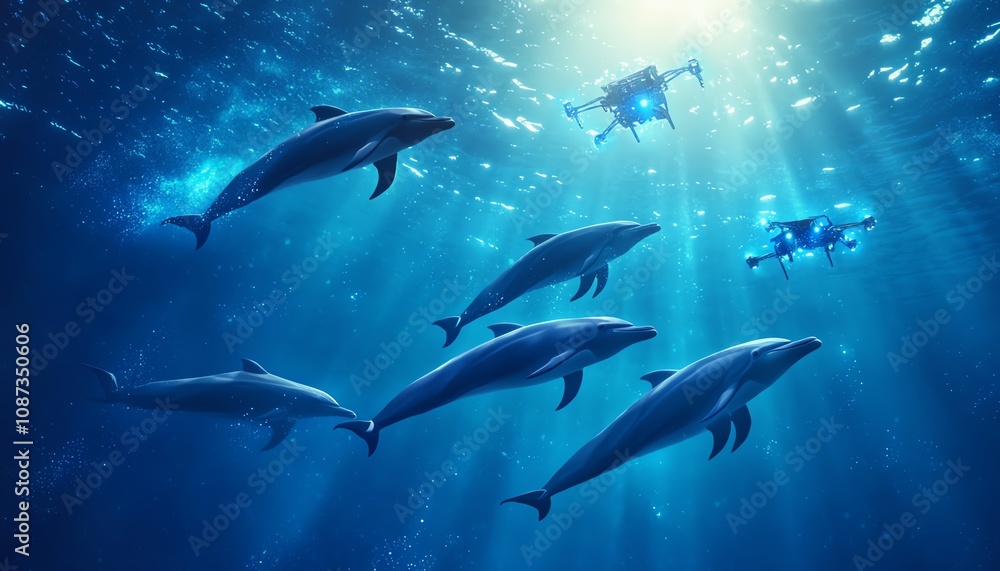 A pod of dolphins swims gracefully in a sunlit ocean, with underwater drones observing them from above. A serene underwater scene. A pod of dolphins swims gracefully in a sunlit ocean, with underwater drones observing them from above. A serene underwater scene.