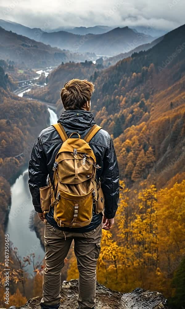 Man on a mountaintop, gazing at the scenery while carrying a rucksack. Concept of travel. Realising your aspirations
Man on a mountaintop, gazing at the scenery while carrying a rucksack. Concept of travel. Realising your aspirations