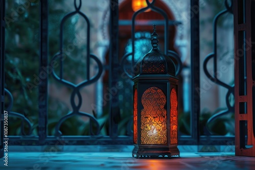 An illuminated Moroccan lantern sits on a balcony, casting a warm glow against a cooltoned backdrop. photo