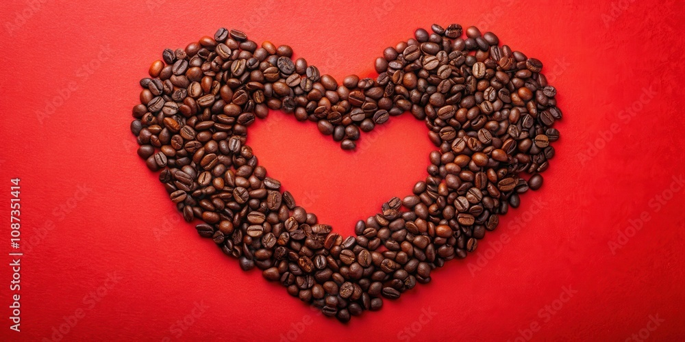 A heart shape created with roasted coffee beans on a red background A heart shape created with roasted coffee beans on a red background
